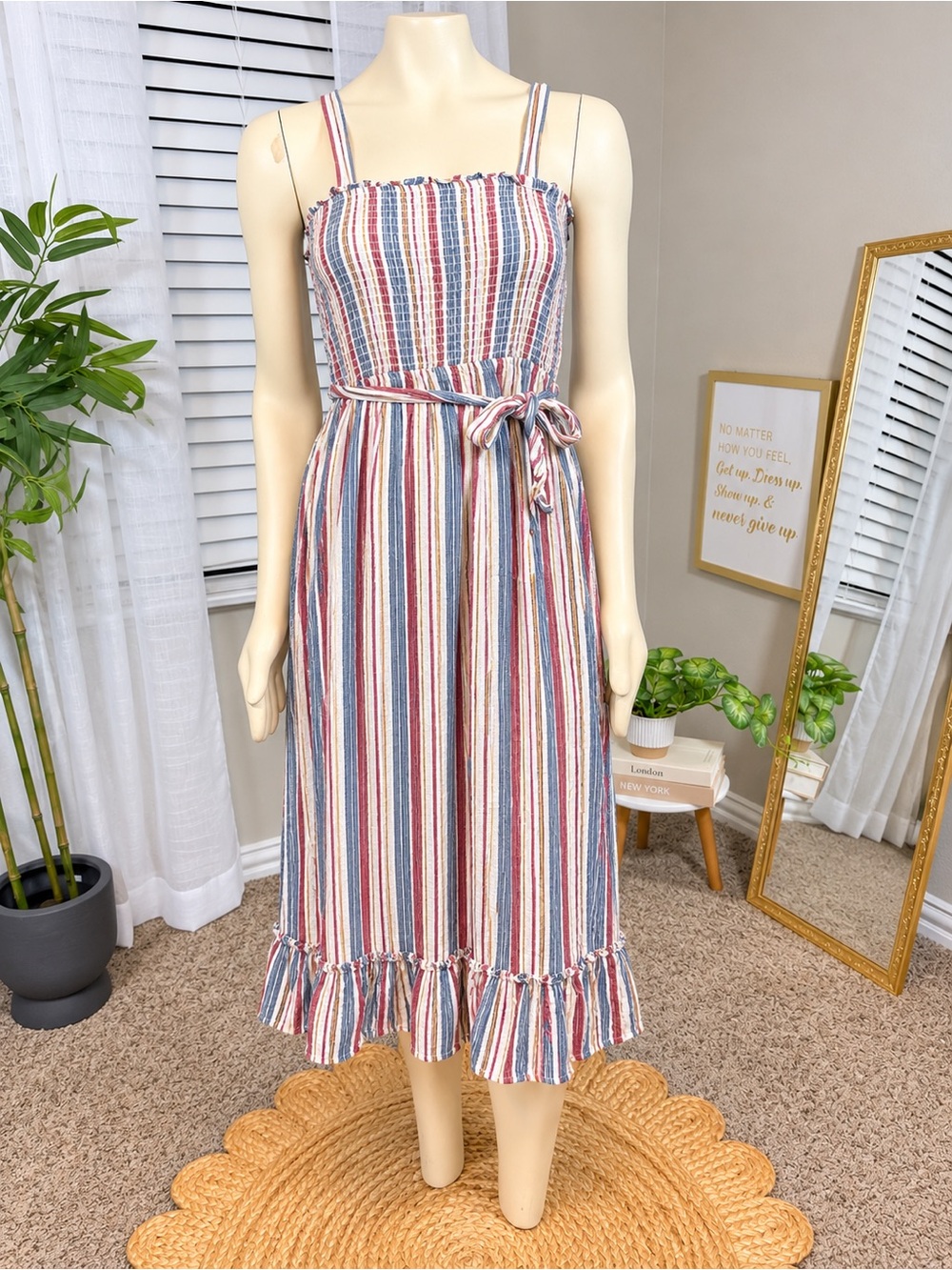 So Striped Smocked Midi Dress – Size L